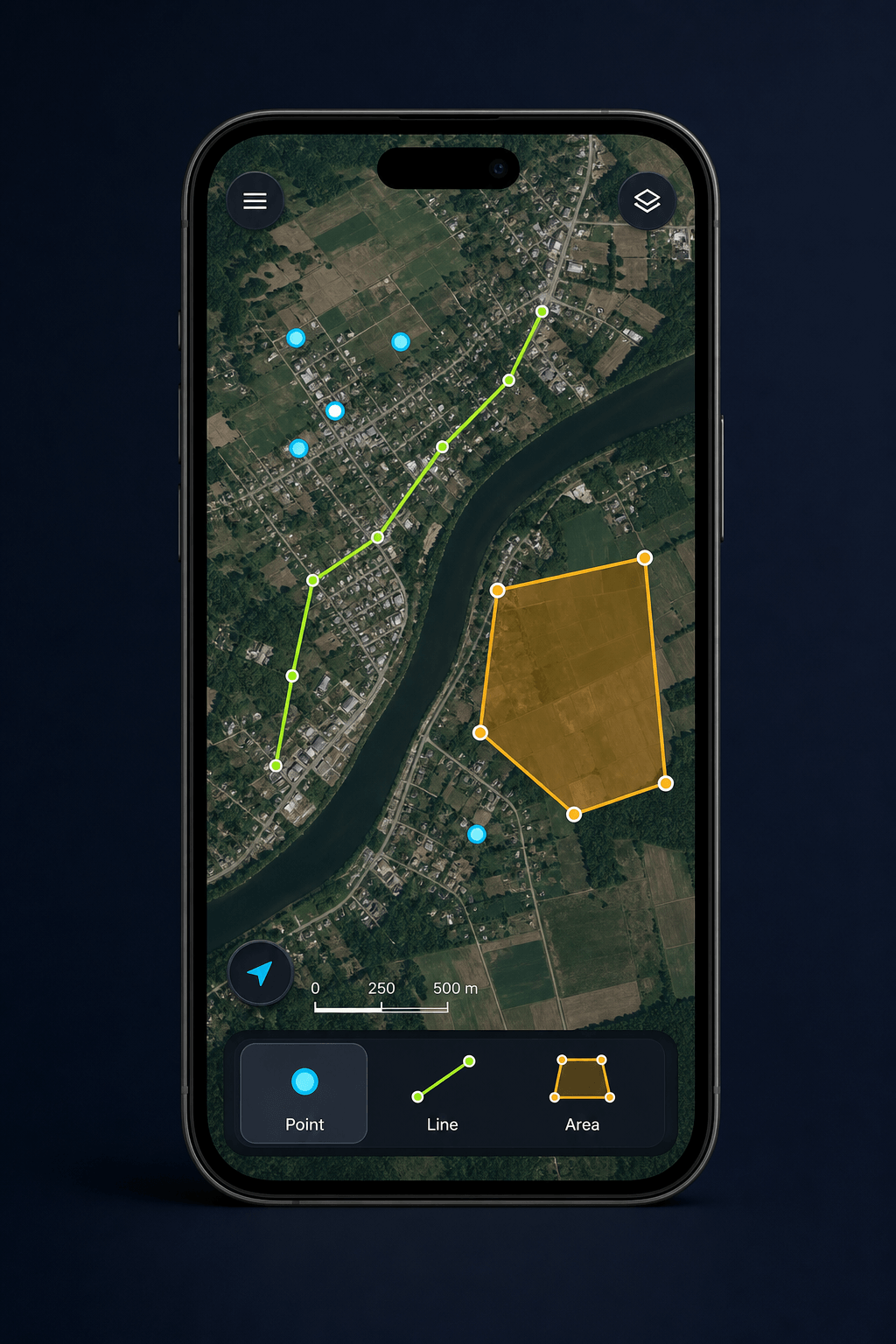 Point, line and area mapping tools displayed over satellite imagery on a mobile phone