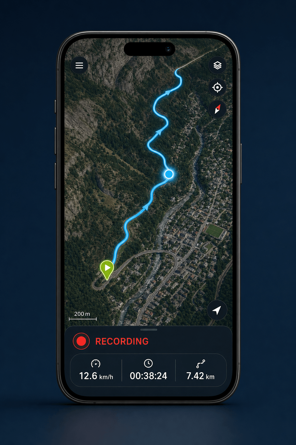 Live GPS track with speed, elapsed time, distance and recording status on a satellite map
