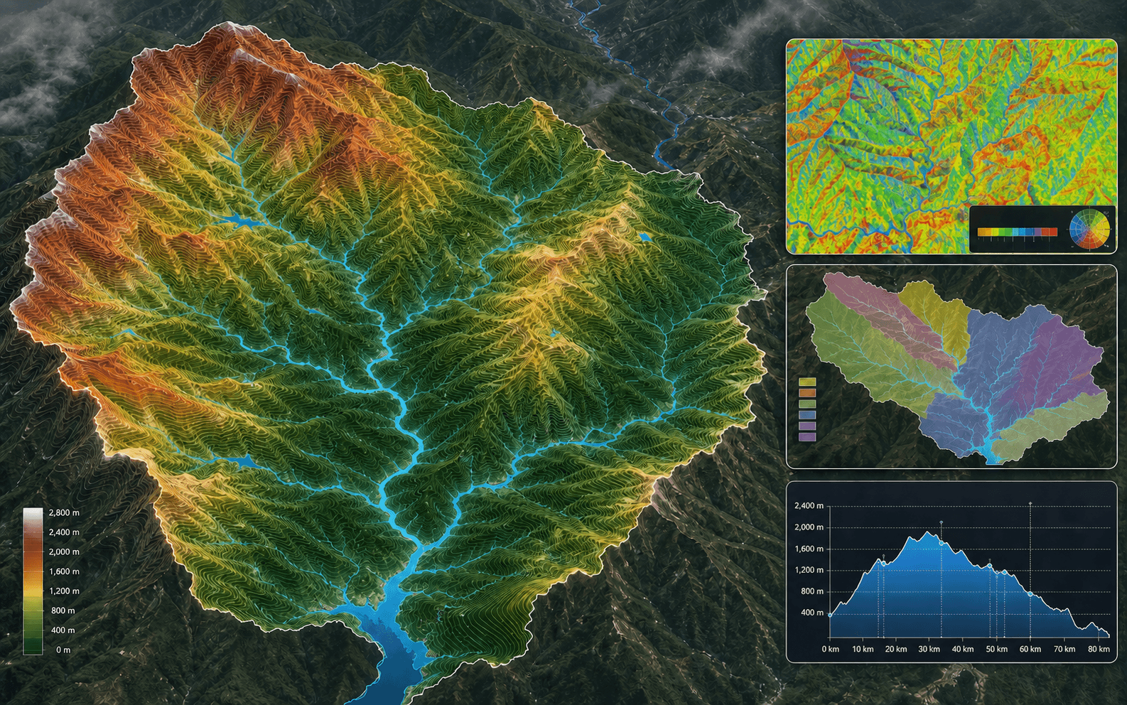 NewGIS spatial analysis workspace showing terrain, contours, watersheds, raster classification and heatmaps