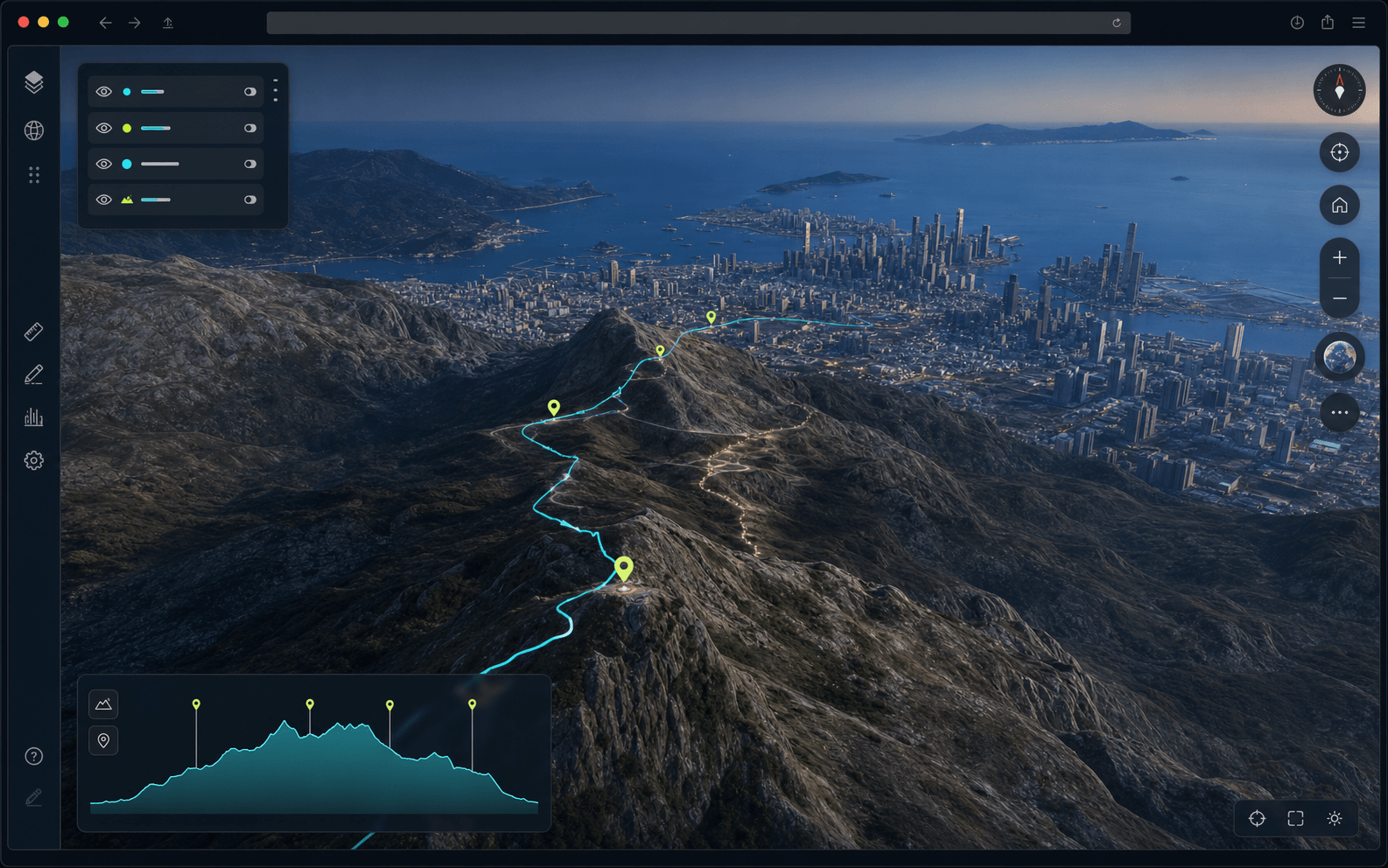 NewGIS customized Cesium.js-based 3D offline map showing terrain, a coastal city and elevation analysis
