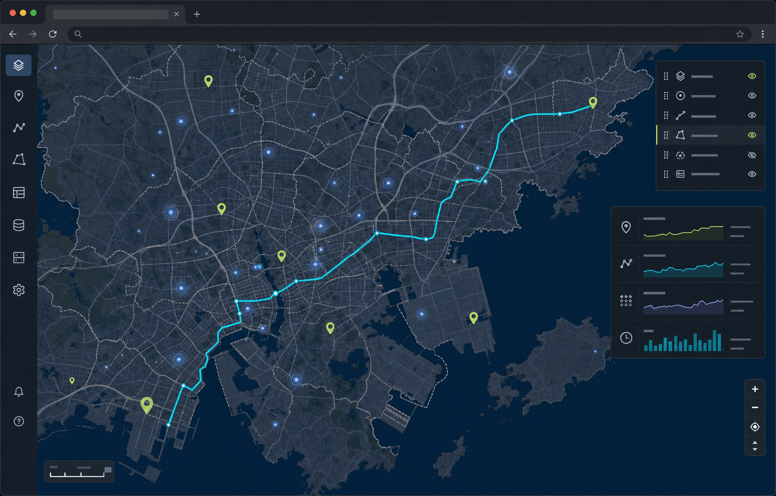 NewGIS customized Leaflet-based 2D offline map showing routes, markers and data layers